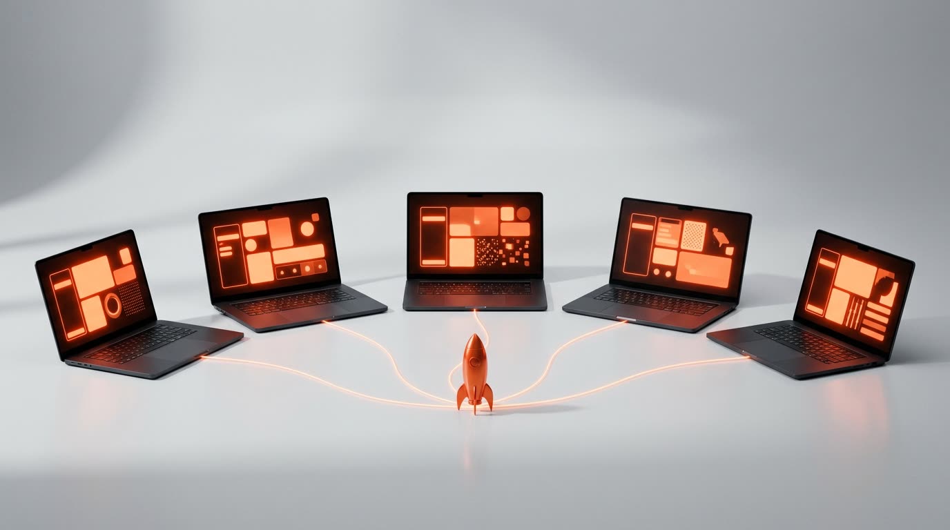 Five laptops in a semicircle connected by orange light lines to a small rocket