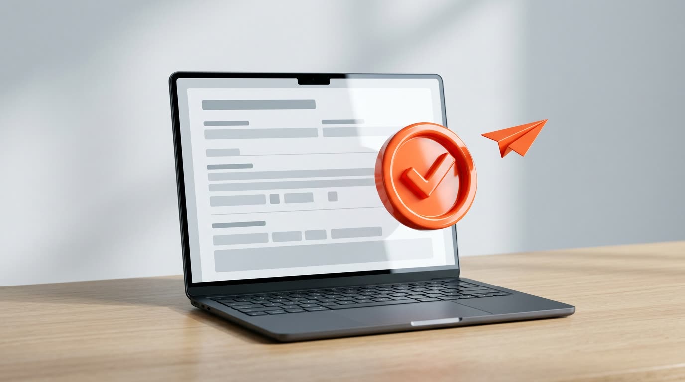 A laptop showing a form, with an orange approval badge and a paper airplane flying out