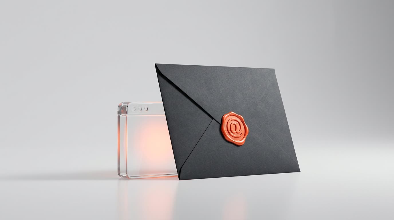 A black envelope sealed with an orange at sign, leaning on a glass browser window
