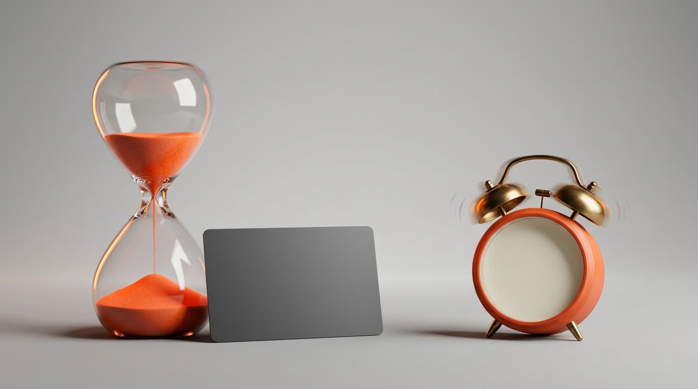 An hourglass with orange sand almost run out, a plain card and a ringing alarm clock