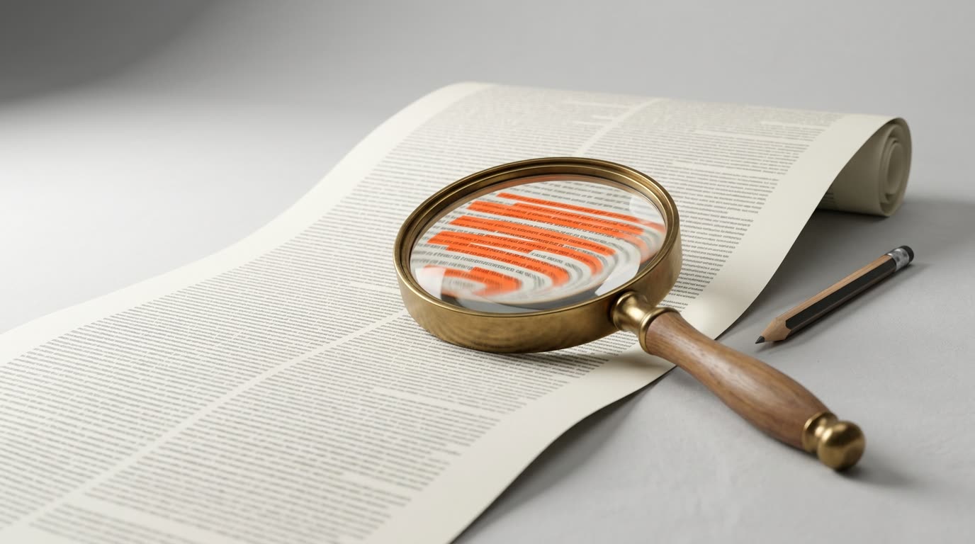 A magnifying glass over a long fine-print contract, with parts highlighted in orange