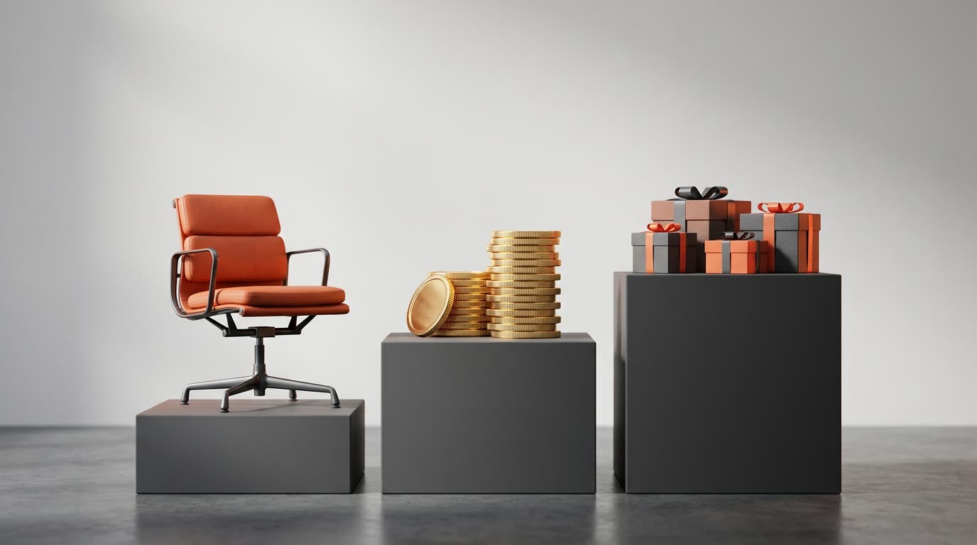Three pedestals with an orange office chair, a stack of gold coins and several gift boxes, standing for the Team seats, the API credits and the partner offers