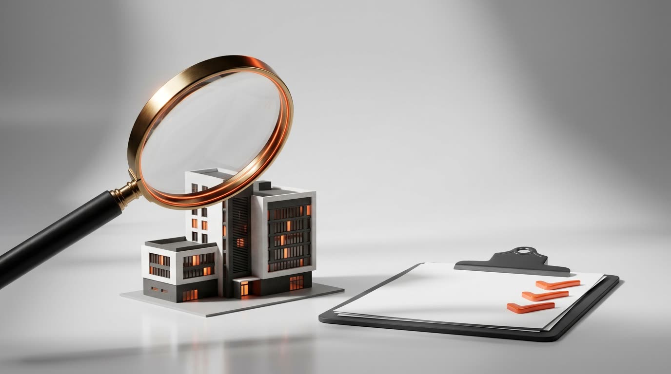 A magnifying glass over a scale model of an office building, next to a clipboard with three check marks