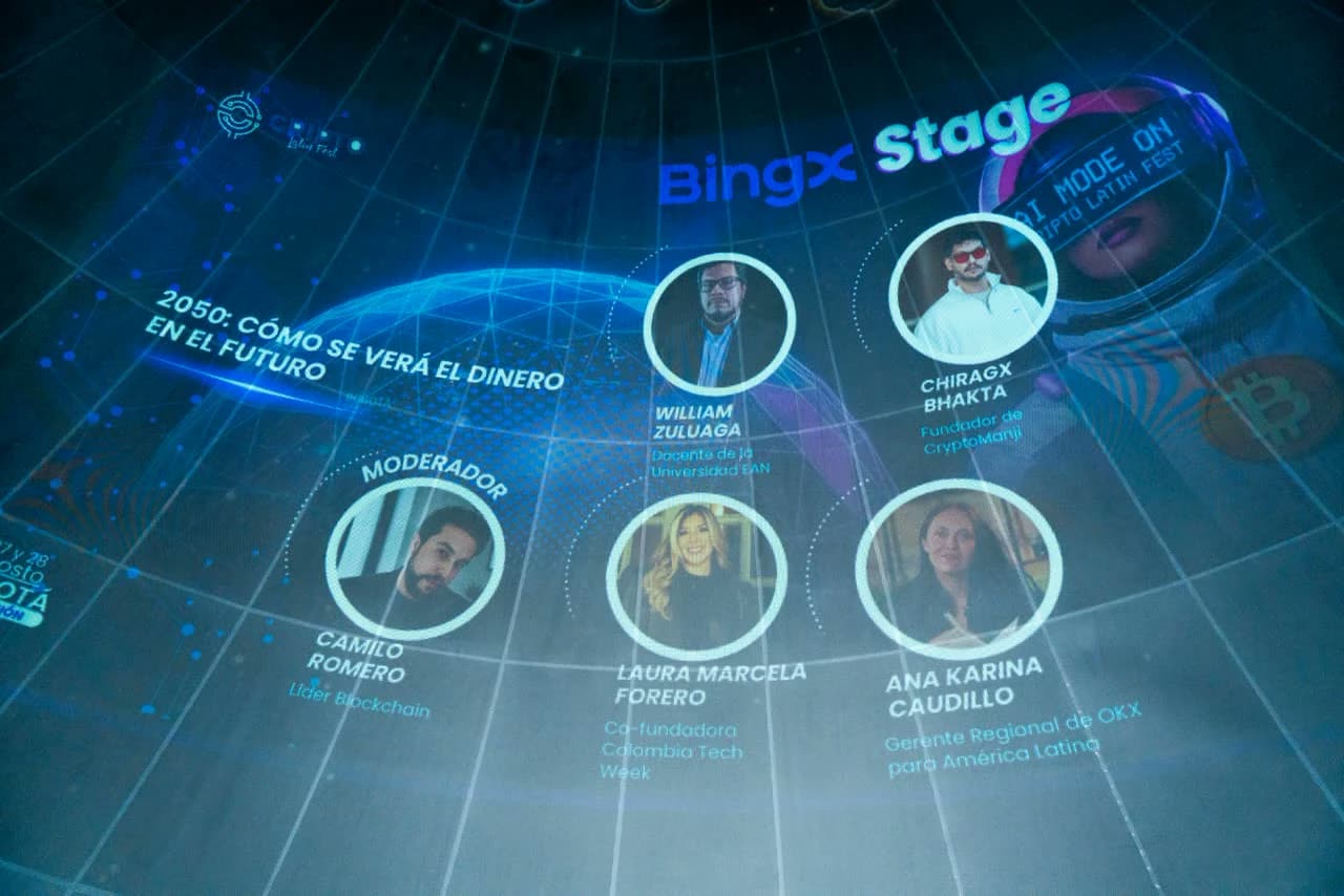 Panel 2050: cómo se verá el dinero en el futuro proyectado en el domo del Main Stage de Cripto Latin Fest 2026, con William Zuluaga, Chiragx Bhakta, Camilo Romero, Laura Marcela Forero y Ana Karina Caudillo