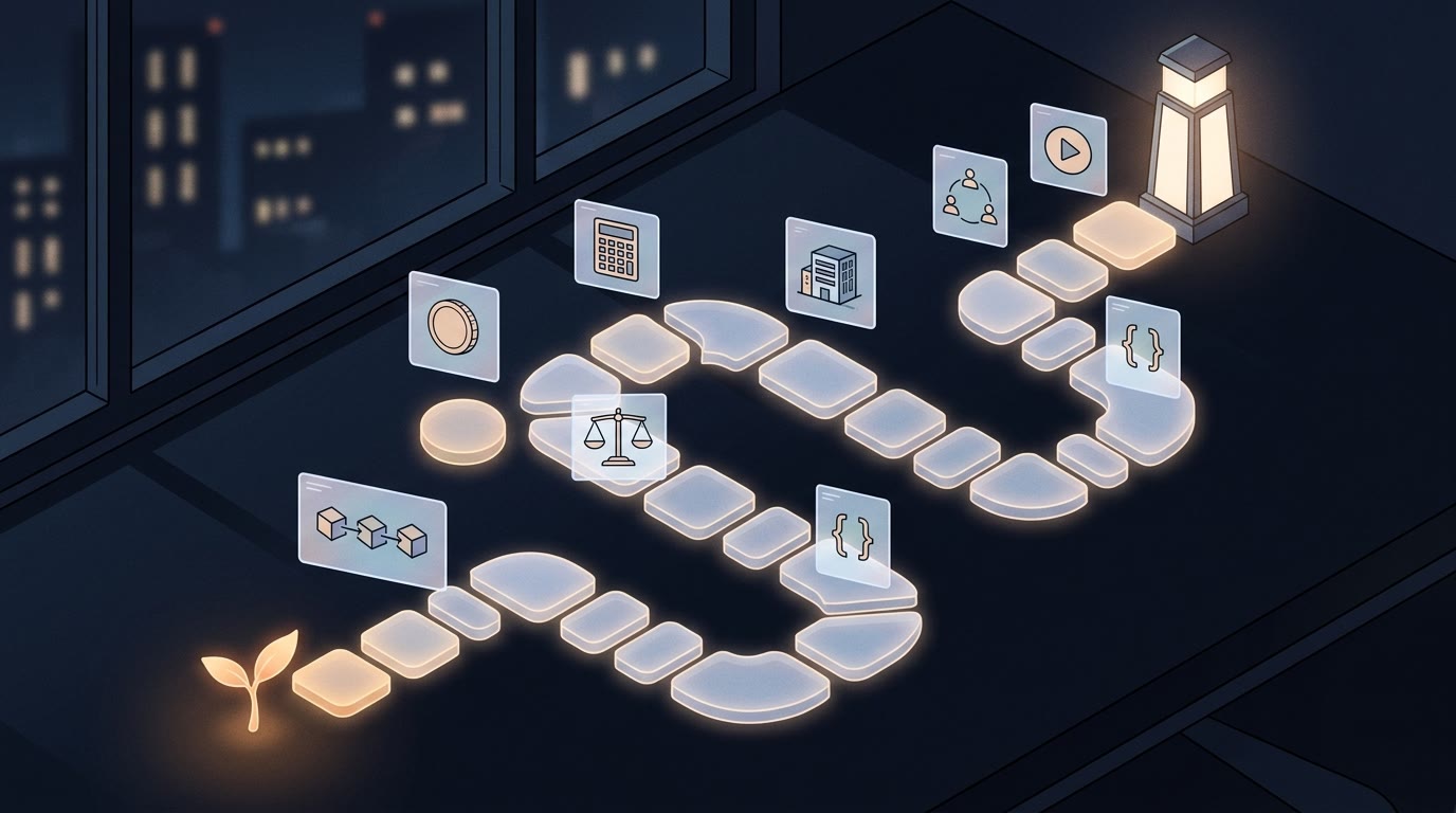 Illustration of the CryptoManji Academy learning path: from the basics to Web3 development, through taxation, legal framework, RWA, DeFi and DAOs
