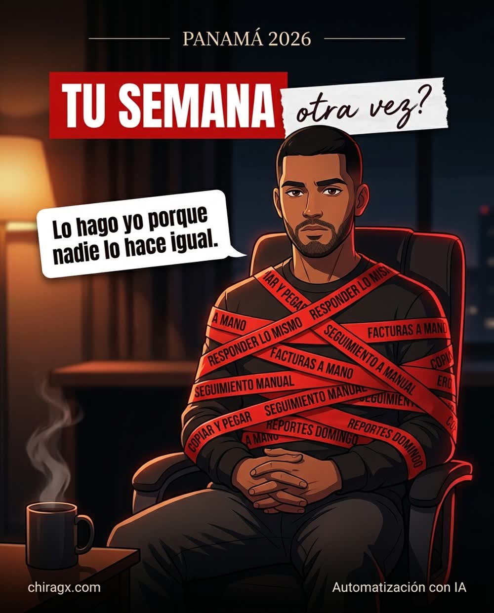 Flyer hecho con IA sobre automatización: atado con cinta que dice copiar y pegar, facturas a mano y seguimiento manual