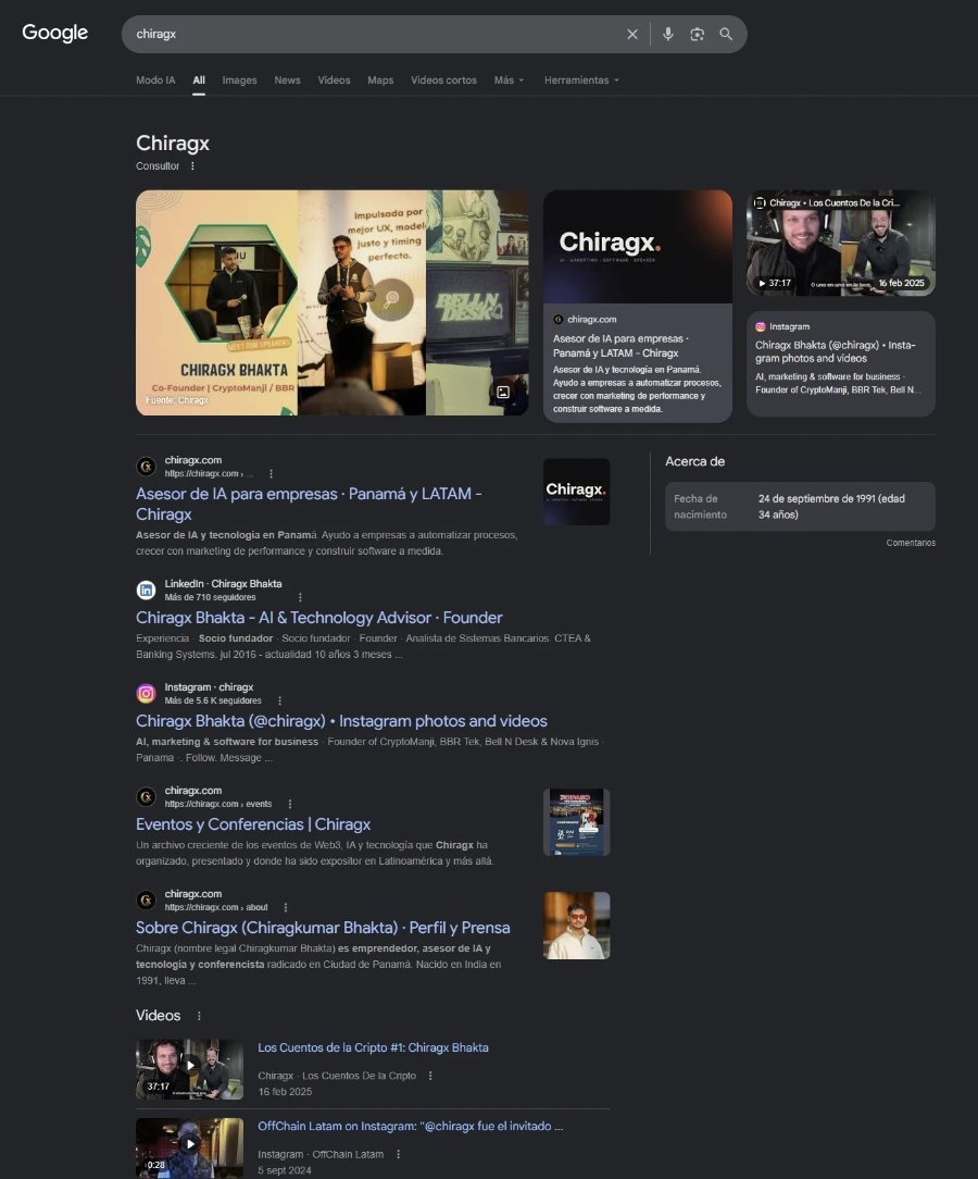Resultado de Google para la búsqueda chiragx: panel de conocimiento de Chiragx como consultor, con fotos, chiragx.com, LinkedIn, Instagram y videos en la primera página