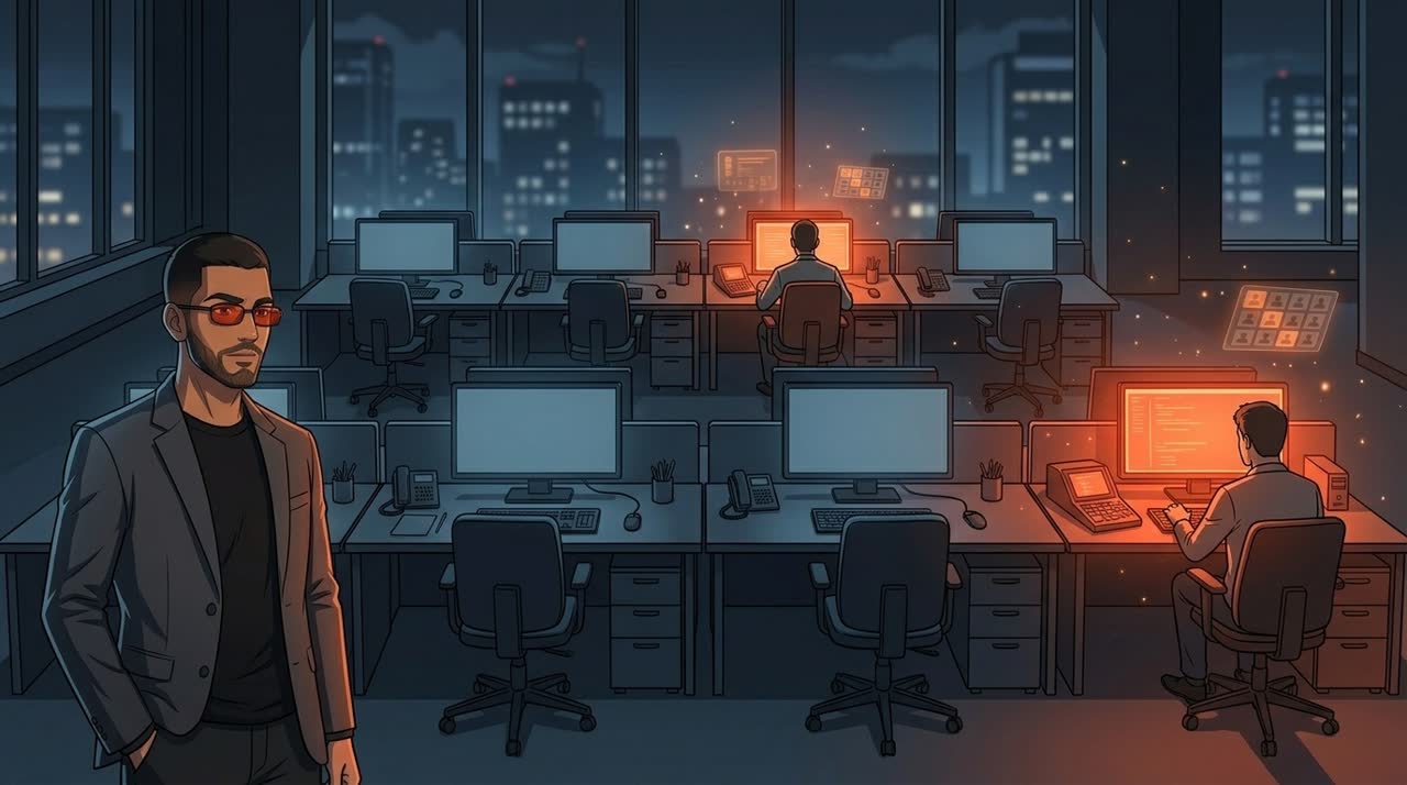Oficina de noche: diez escritorios y solo dos monitores encendidos, el resto de las licencias sin usar