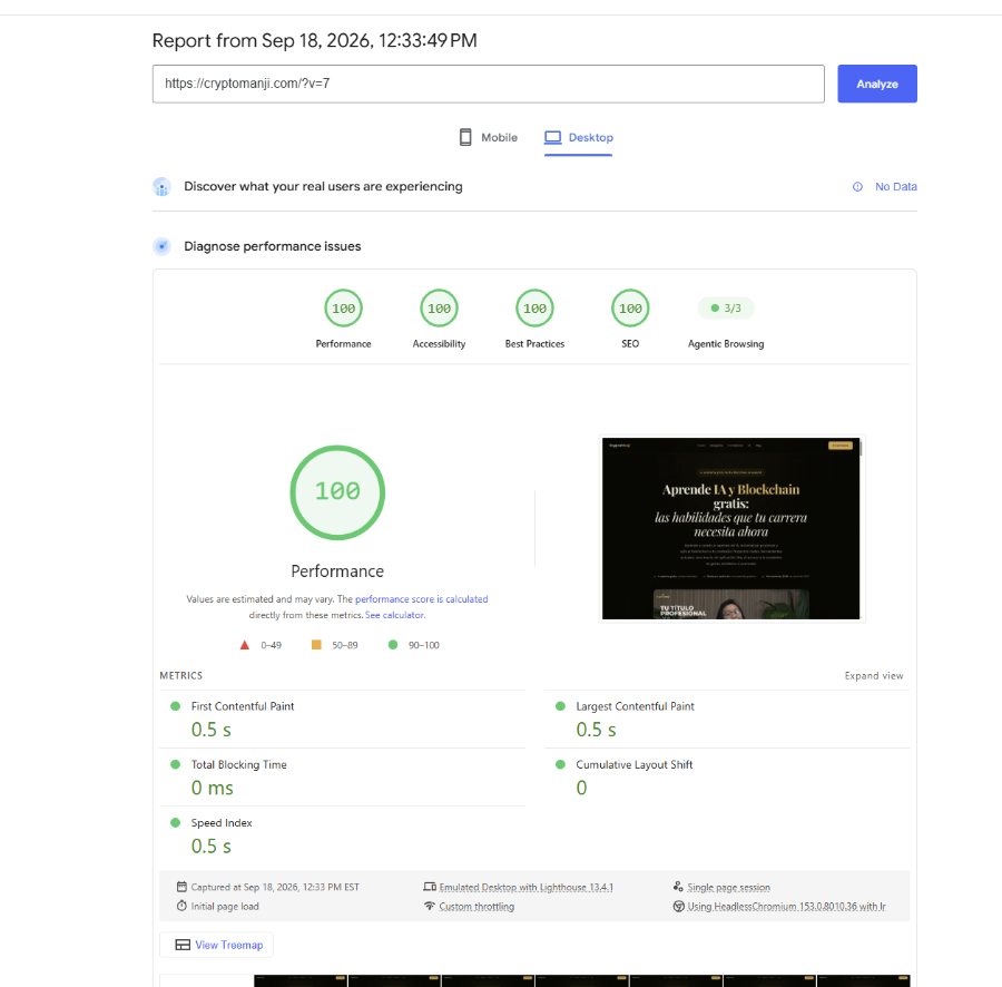 PageSpeed Insights de Google del 18 de septiembre de 2026 para cryptomanji.com en escritorio: 100 en rendimiento, accesibilidad, buenas prácticas y SEO, y 3 de 3 en Agentic Browsing