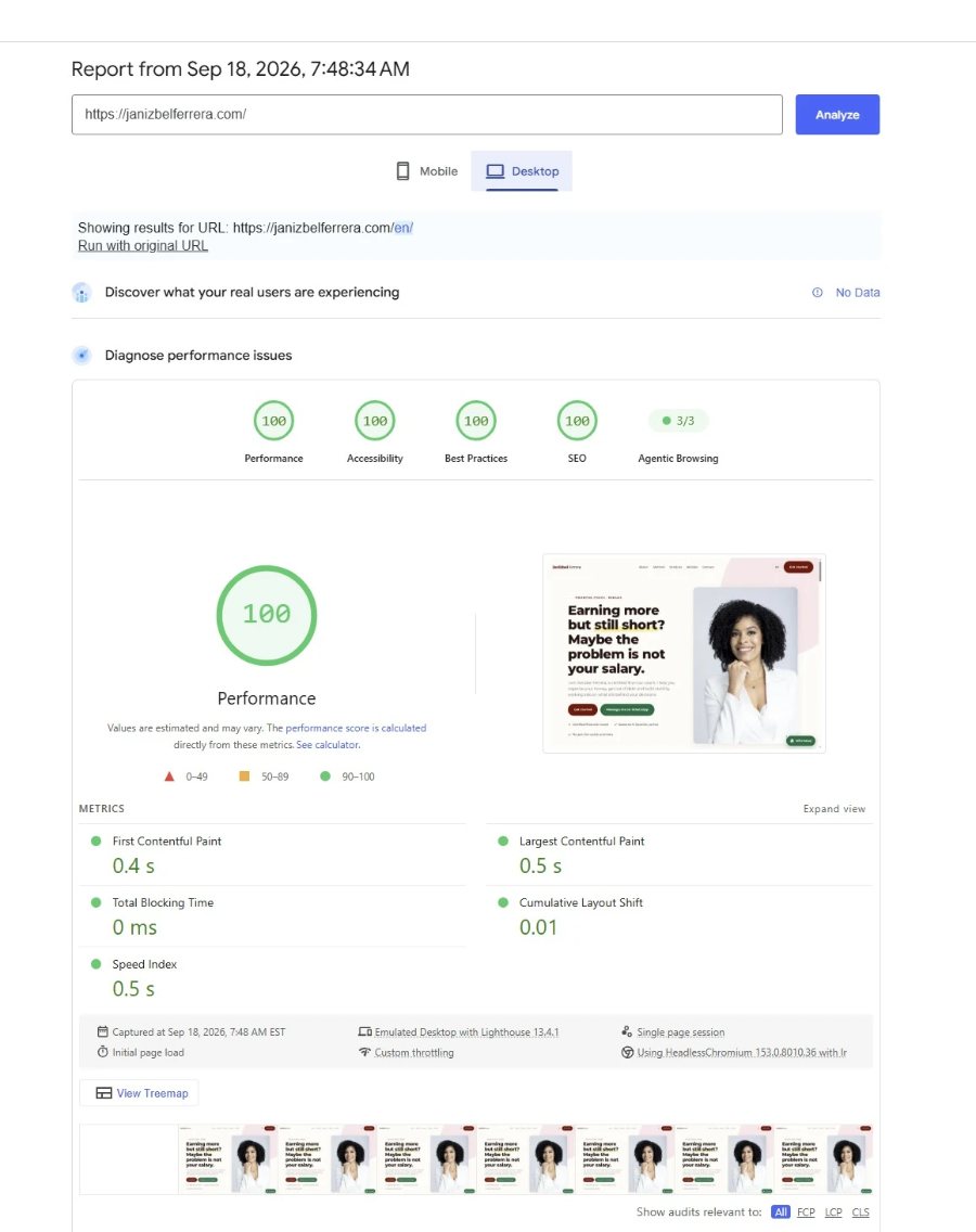 PageSpeed Insights de Google del 18 de septiembre de 2026 para janizbelferrera.com en escritorio: 100 en rendimiento, accesibilidad, buenas prácticas y SEO, y 3 de 3 en Agentic Browsing