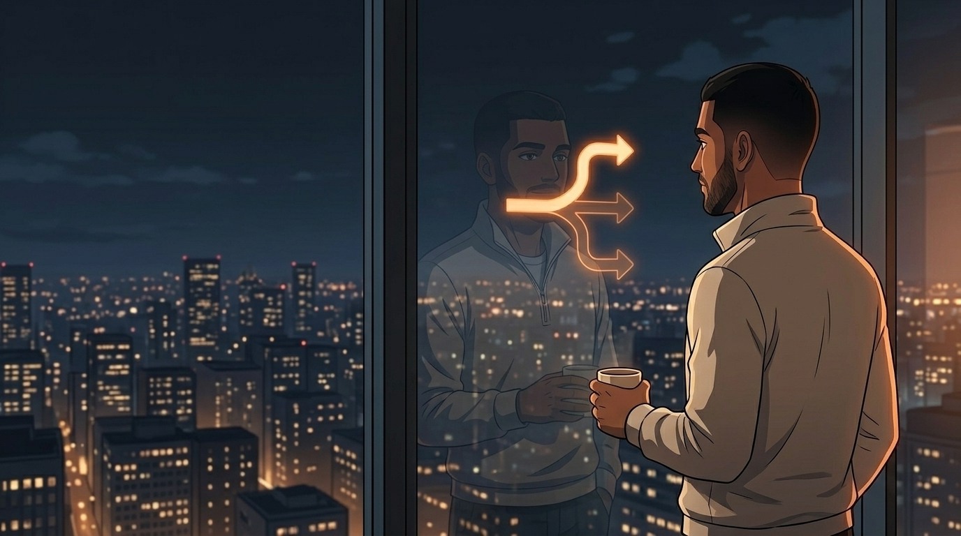 Chiragx at the window weighing the three possible paths of a business decision