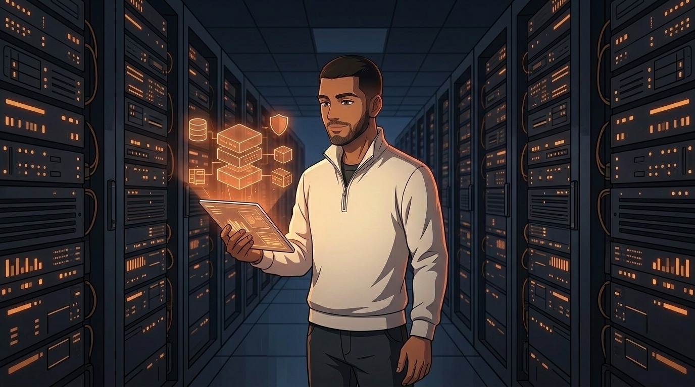 Chiragx en un centro de datos revisando la arquitectura de un sistema construido a medida