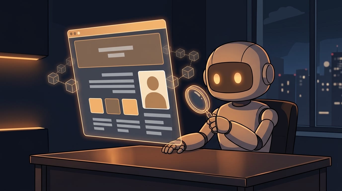 Un robot leyendo con lupa una página web hecha de bloques y barras, sin ejecutar nada