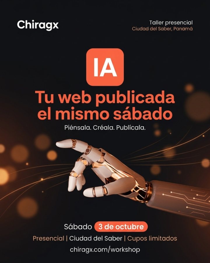 Flyer hecho con IA: tu web publicada el mismo sábado, mano robótica sobre fondo oscuro cálido