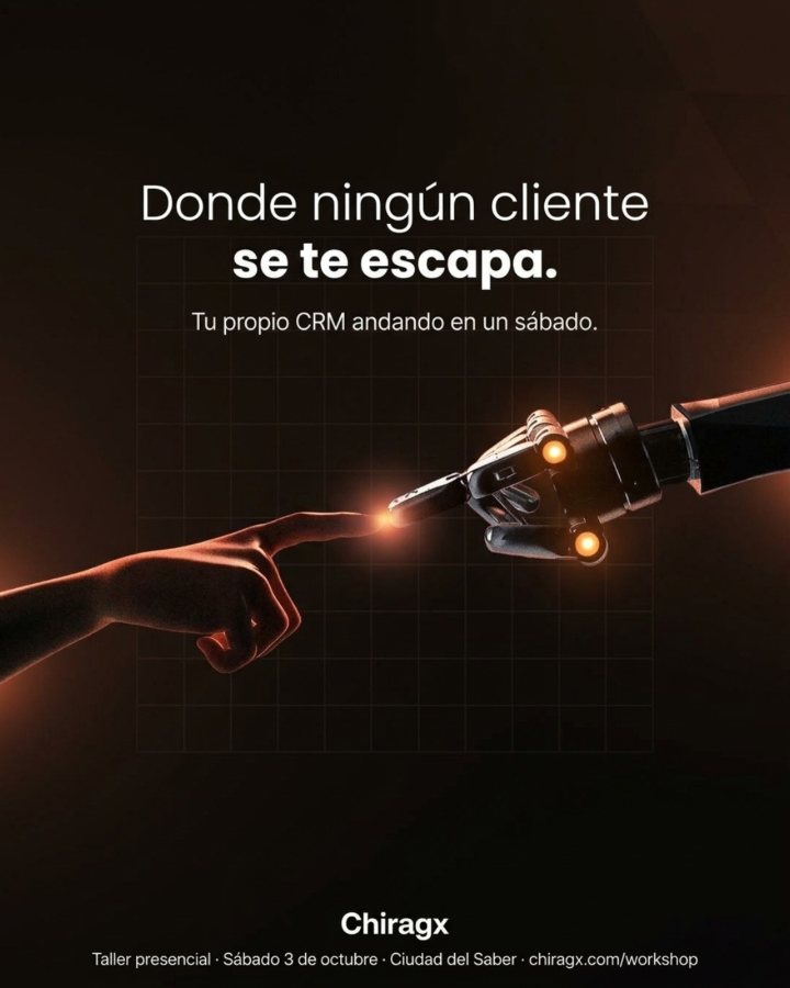 Flyer hecho con IA: donde ningún cliente se te escapa, dedo humano y dedo robótico a punto de tocarse