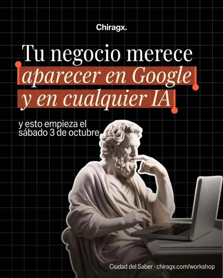 Flyer hecho con IA: tu negocio merece aparecer en Google y en cualquier IA, estatua clásica frente a una laptop