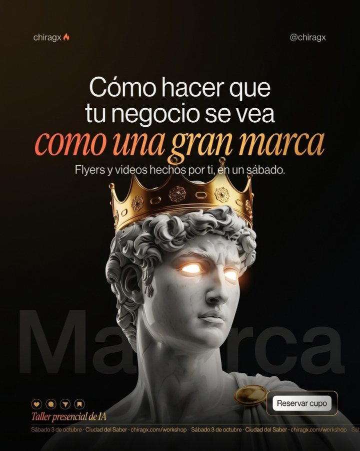 Flyer hecho con IA: cómo hacer que tu negocio se vea como una gran marca, busto de mármol con corona dorada