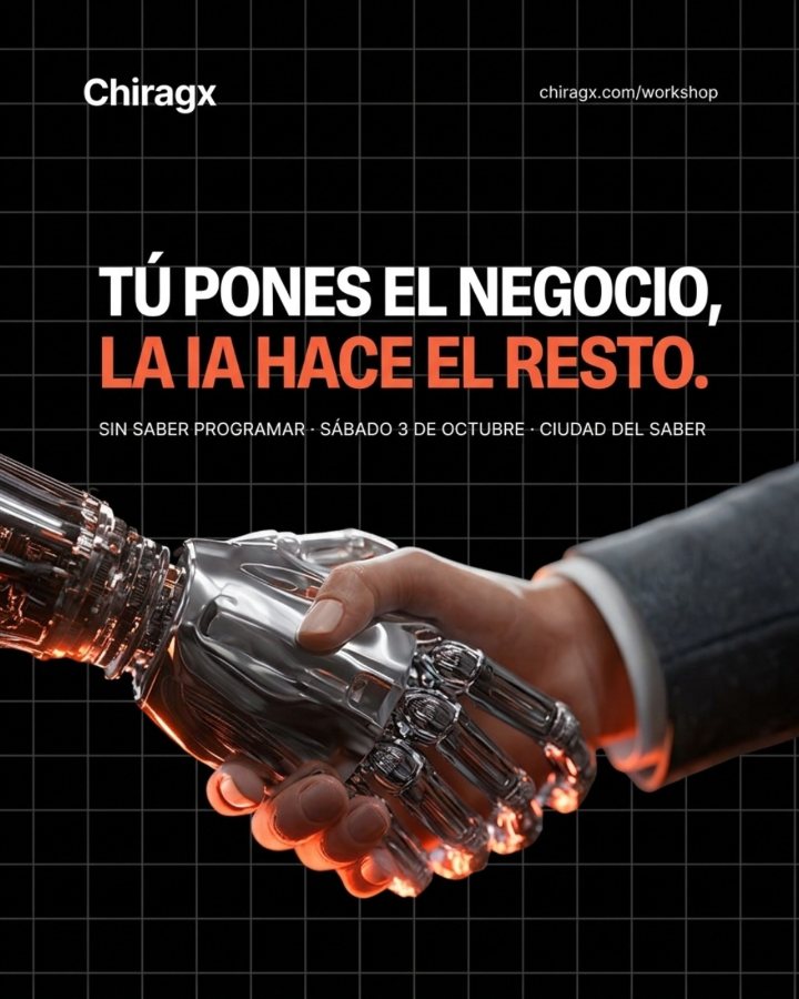 Flyer hecho con IA: tú pones el negocio, la IA hace el resto, apretón de manos entre un robot y una persona