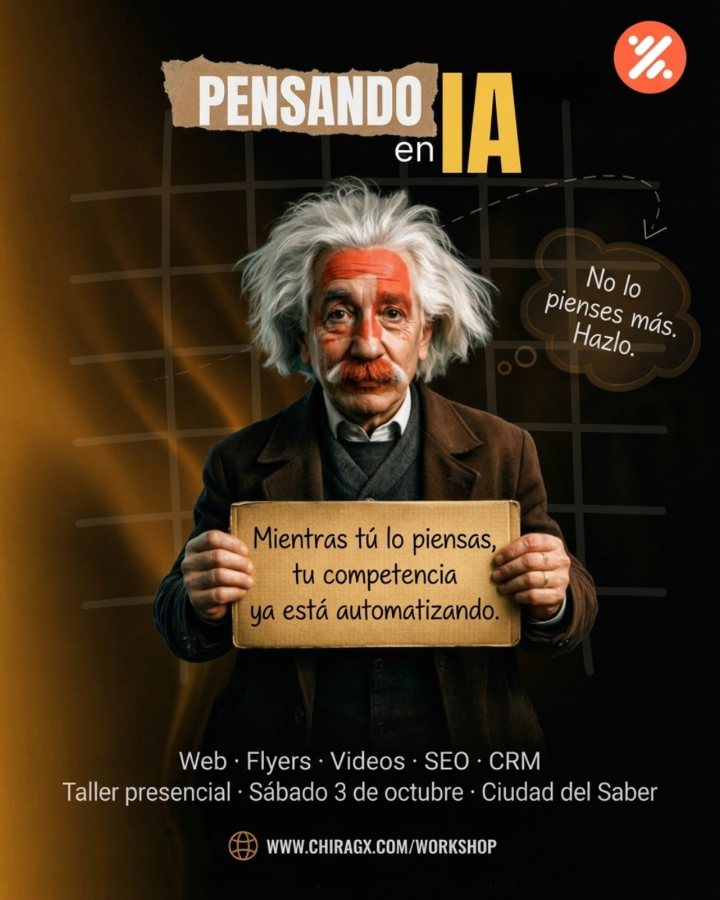Flyer hecho con IA: mientras tú lo piensas tu competencia ya está automatizando, científico con un cartel de cartón