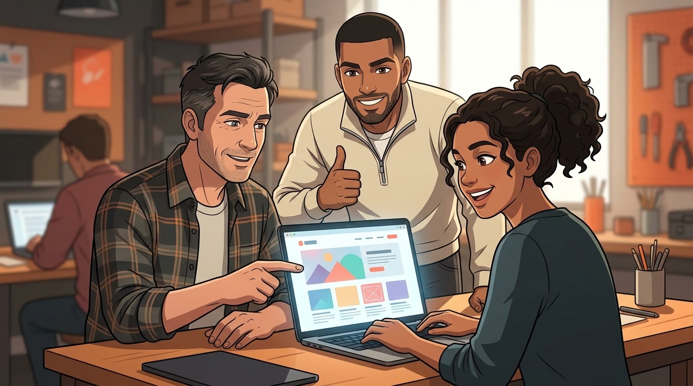 Illustration: an experienced participant explains something to a participant who is just starting, while the instructor gives a thumbs up