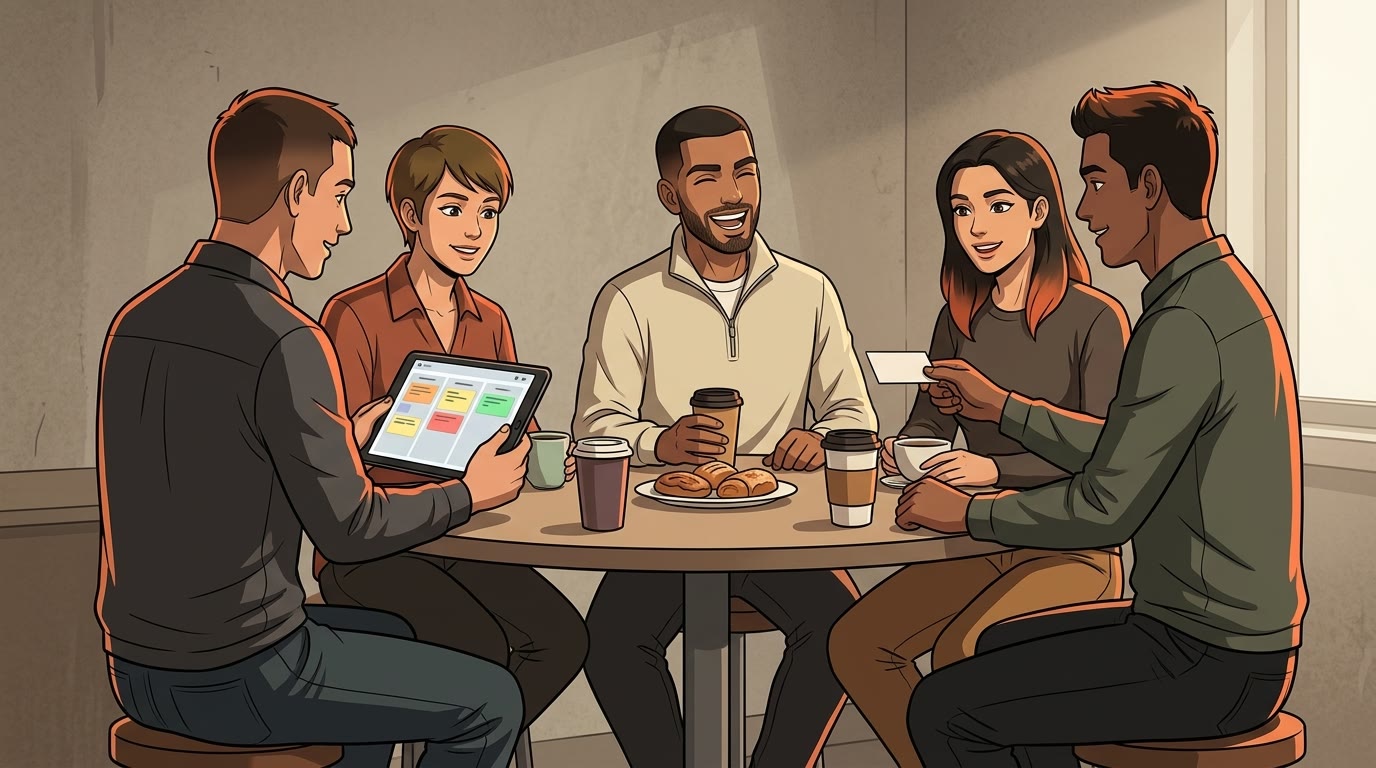 Illustration: a coffee break where participants share their CRM boards and business cards