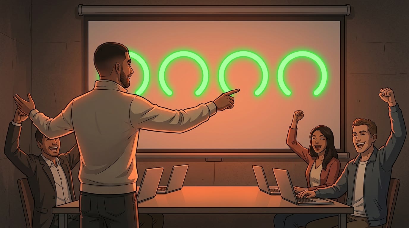 Illustration: the instructor points at four green PageSpeed gauges while participants celebrate