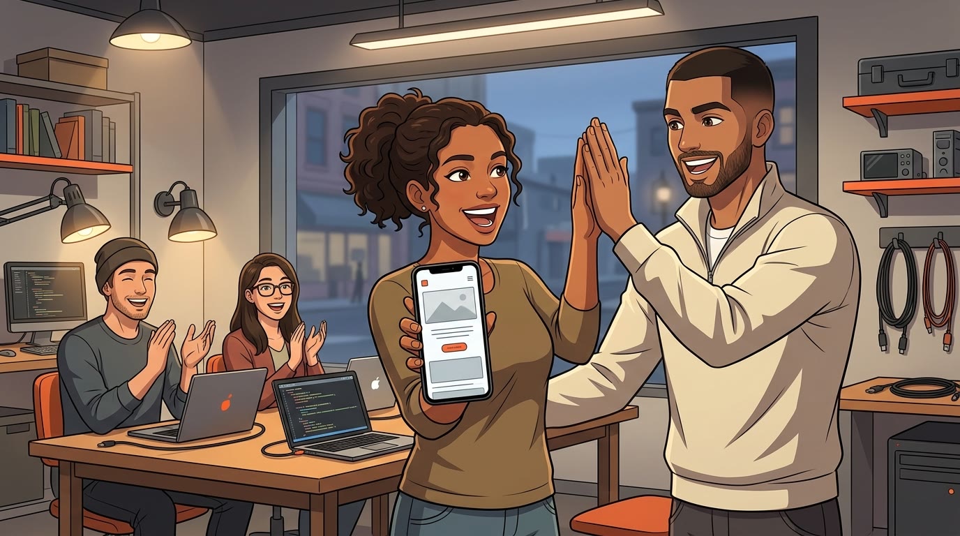 Illustration: a participant shows her newly published website on her phone and high-fives the instructor