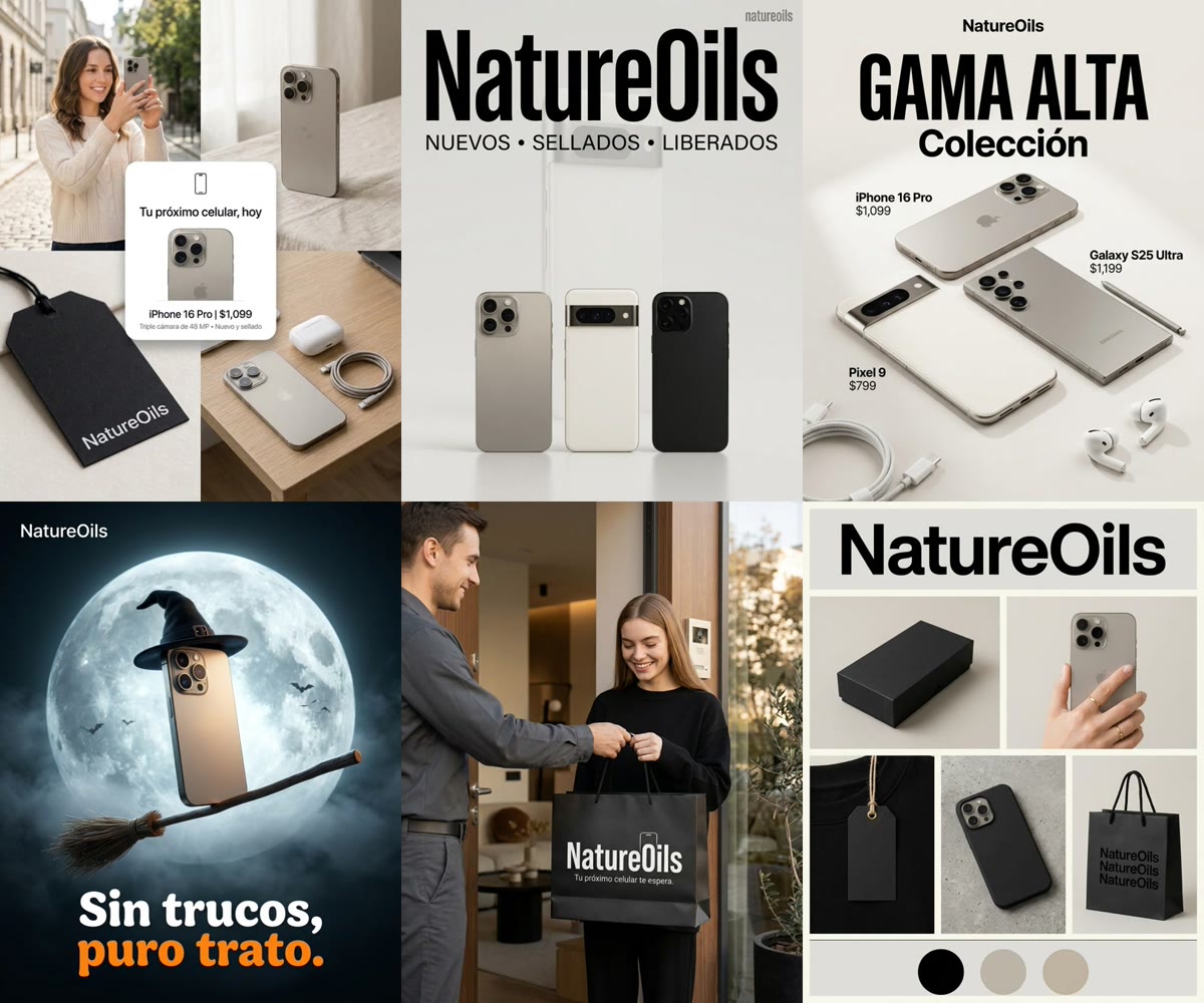 The 6 AI-generated Instagram posts for NatureOils: collage, poster, collection with prices, Halloween campaign, branded bag and brand board