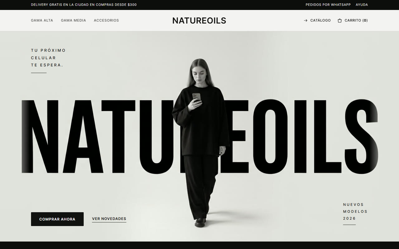 Home page of NatureOils, the store built live with AI: the brand name in giant letters behind a model holding a phone
