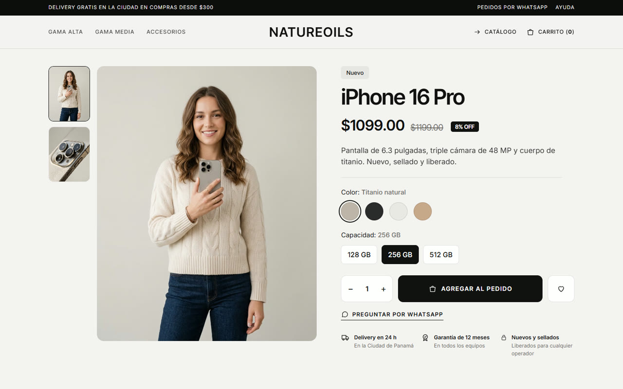 iPhone 16 Pro product page in the NatureOils store, with colors, storage options, discounted price and an add to order button