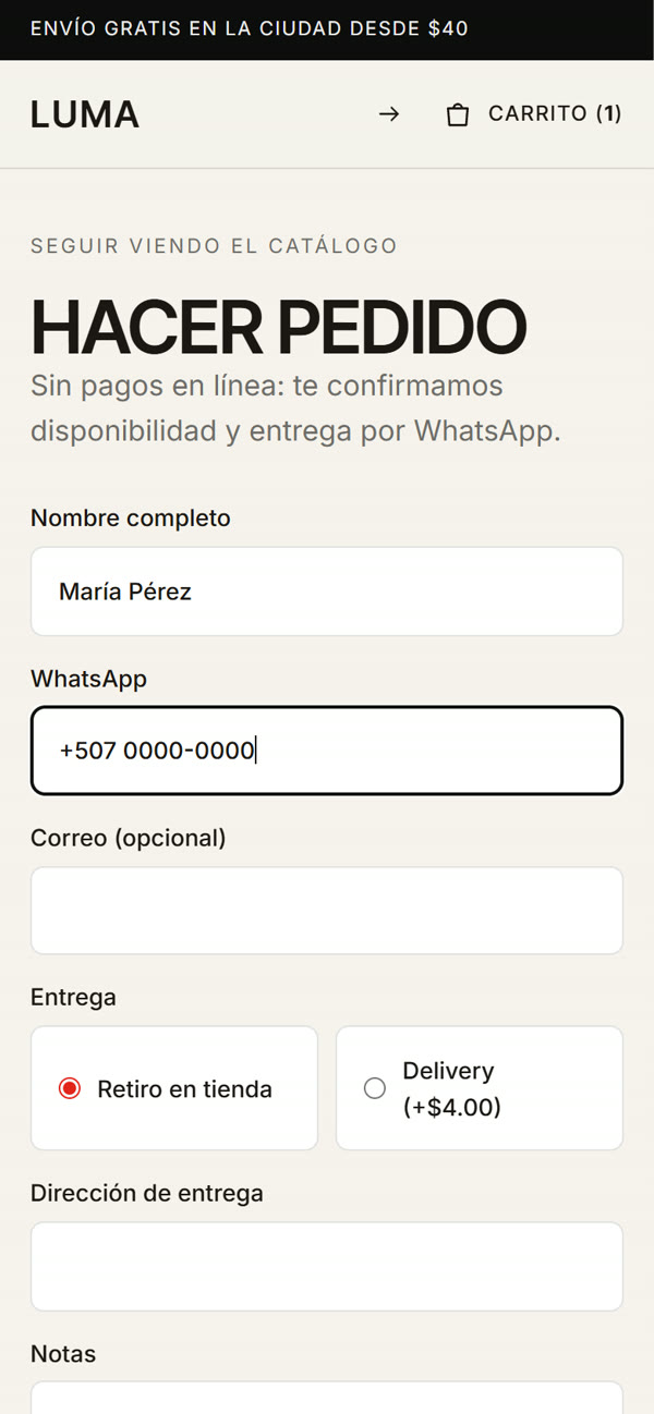 Checkout: datos del cliente, retiro o delivery, sin pagos en línea