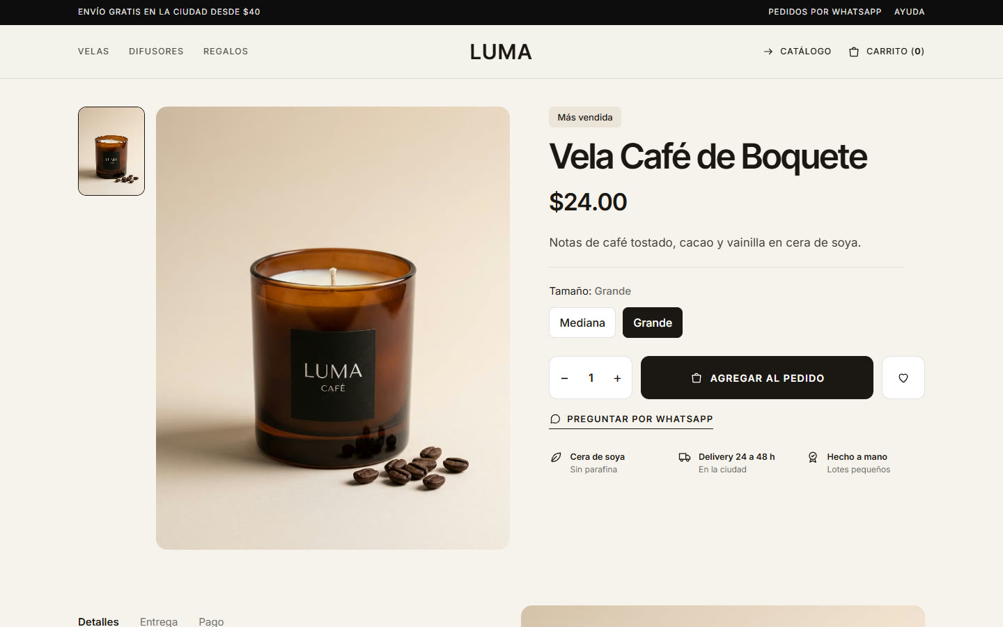 Ficha de producto de una tienda hecha con la skill: fotos, tallas, precio y Agregar al pedido