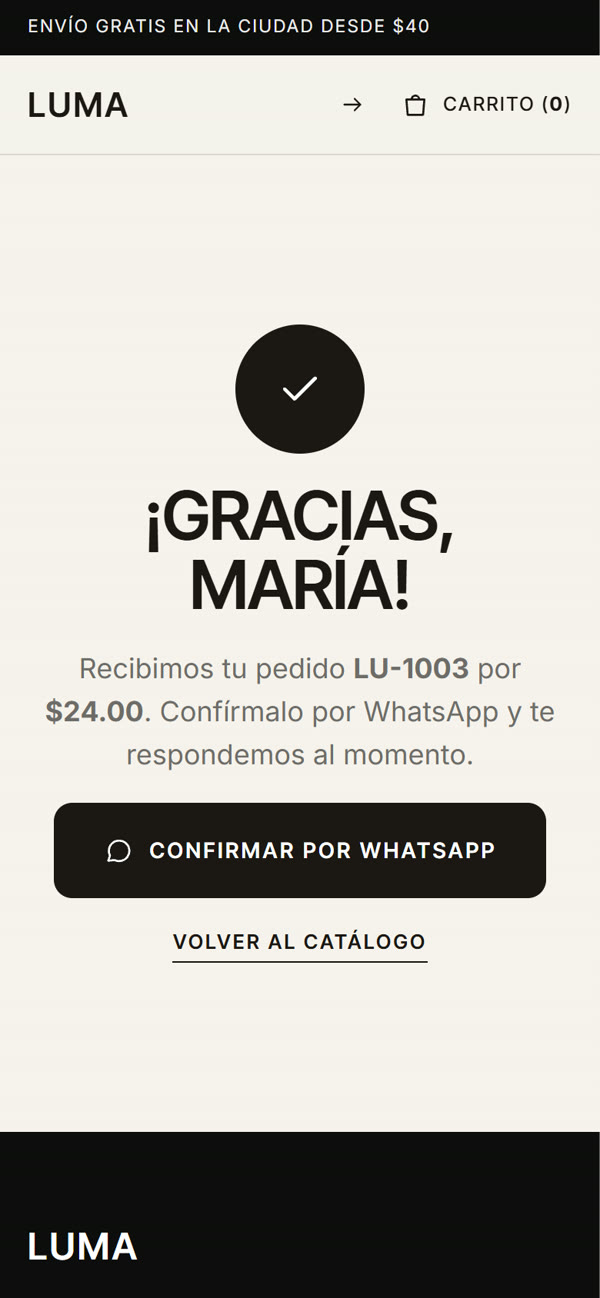 Pedido recibido con su código y el botón para confirmar por WhatsApp