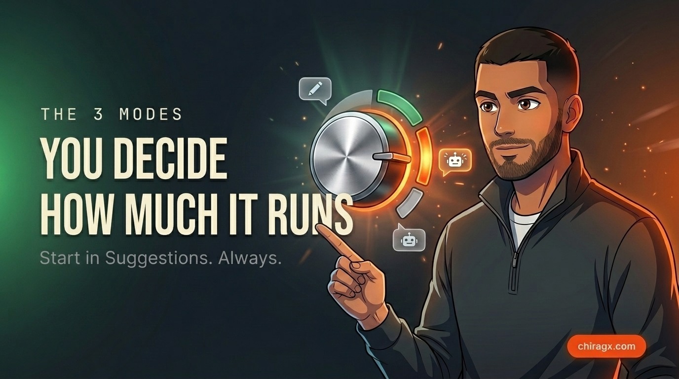 The 3 modes: you decide how much it runs. Start in Suggestions