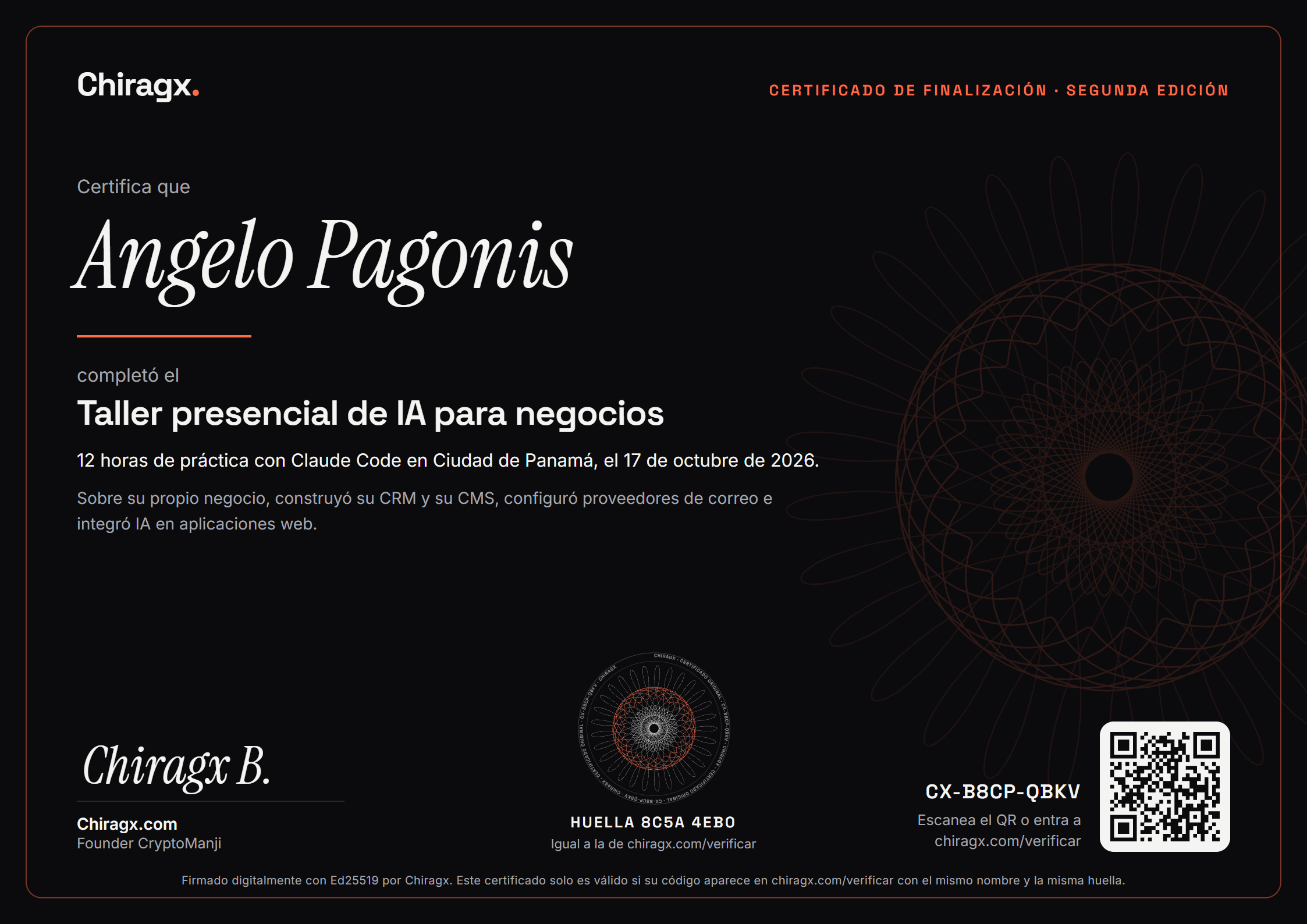 Certificado de Angelo Pagonis del Taller presencial de IA para negocios