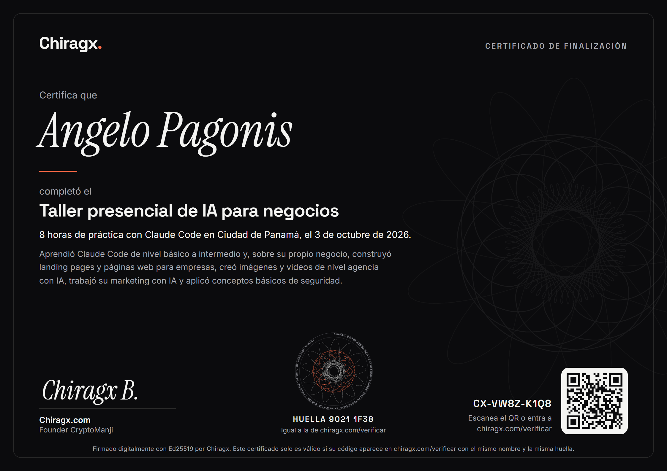 Certificado de Angelo Pagonis del Taller presencial de IA para negocios
